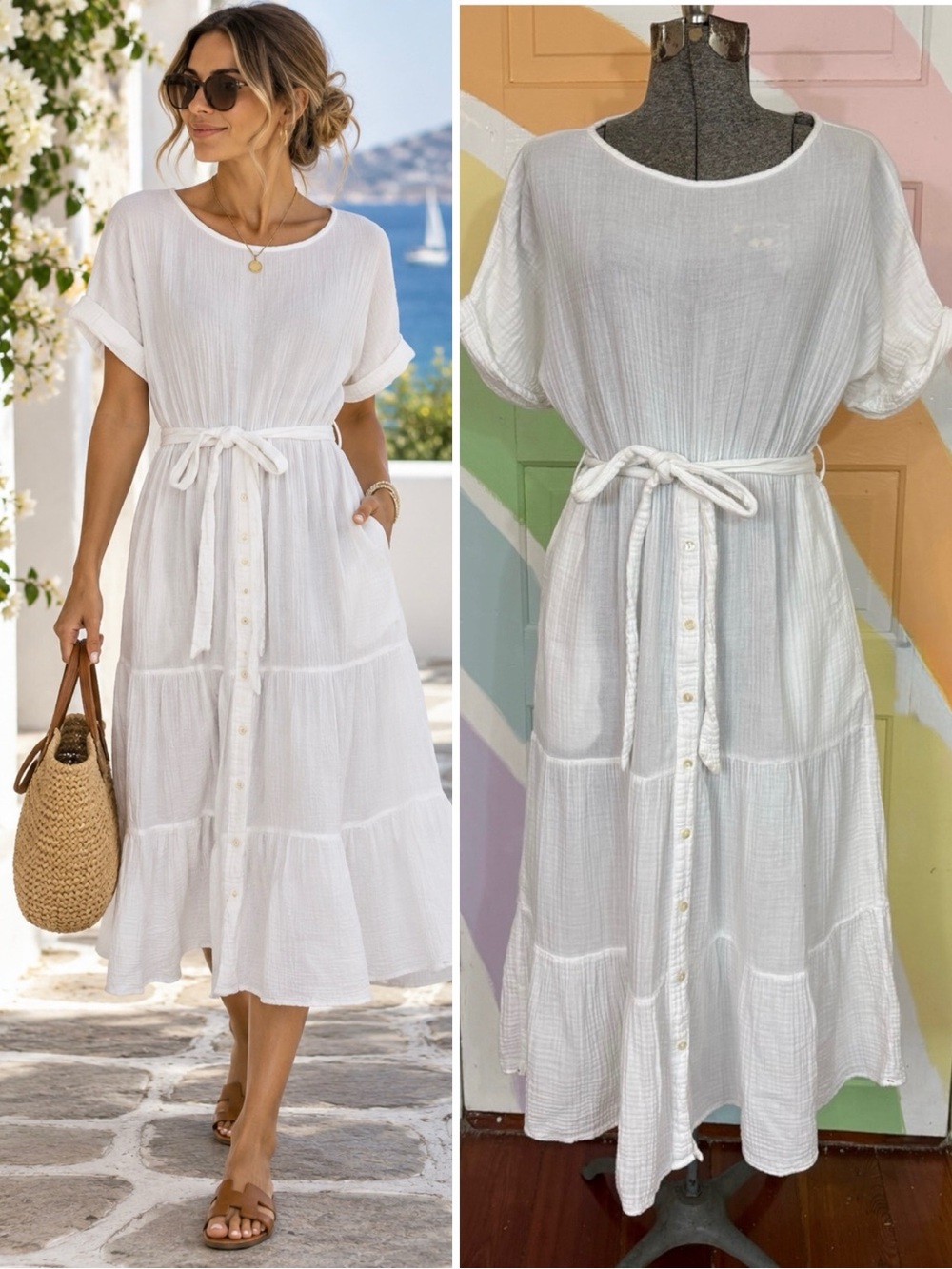 XiRENA White Cotton Gauze Tiered Midi Dress Belted Resort Sz XS 🧡🍄